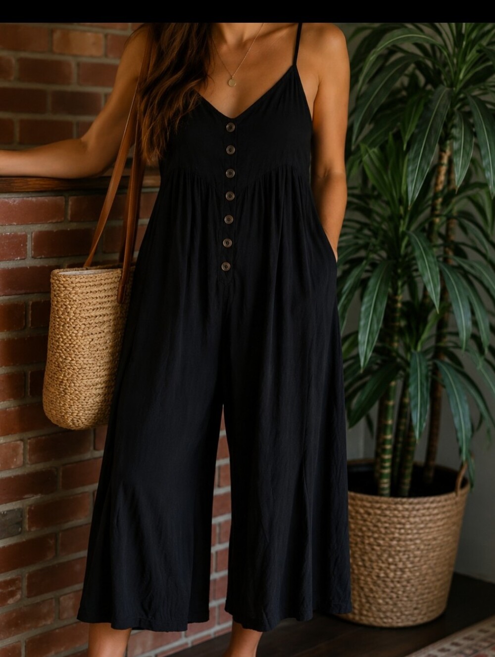 Urban‎ Outfitters Black Wide Leg Jumpsuit Rayon Button Front Small